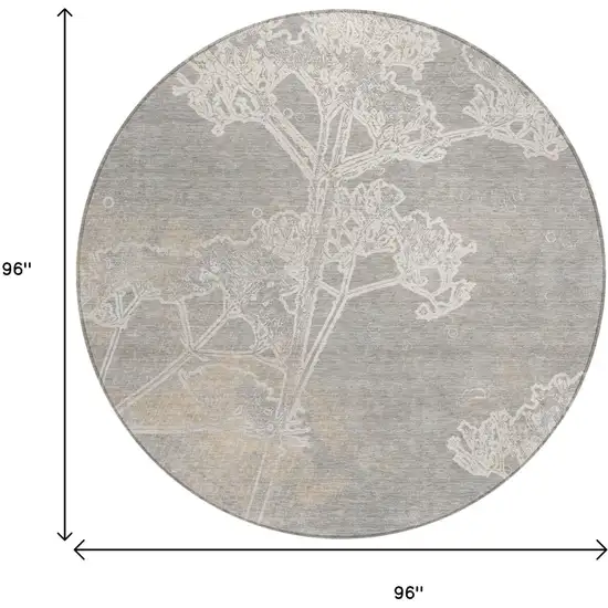 8' Silver And Gray Round Floral Washable Indoor Outdoor Area Rug Photo 3