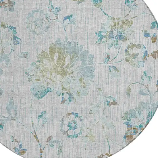 8' Silver And Gray Round Floral Washable Indoor Outdoor Area Rug Photo 2