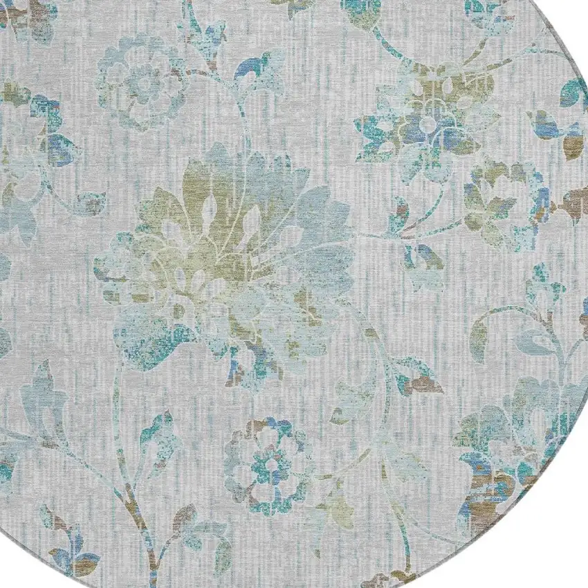 8' Silver And Gray Round Floral Washable Indoor Outdoor Area Rug Photo 2