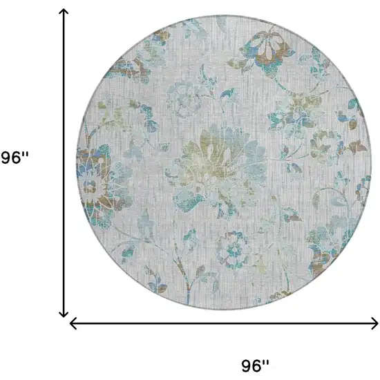 8' Silver And Gray Round Floral Washable Indoor Outdoor Area Rug Photo 6