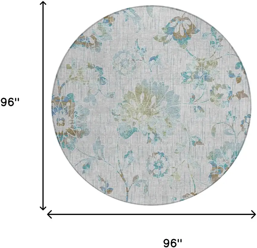 8' Silver And Gray Round Floral Washable Indoor Outdoor Area Rug Photo 6