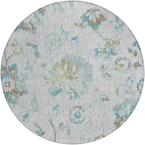 8' Silver And Gray Round Floral Washable Indoor Outdoor Area Rug Photo 1