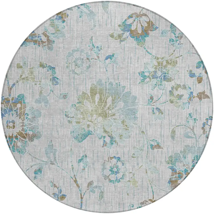 8' Silver And Gray Round Floral Washable Indoor Outdoor Area Rug Photo 1