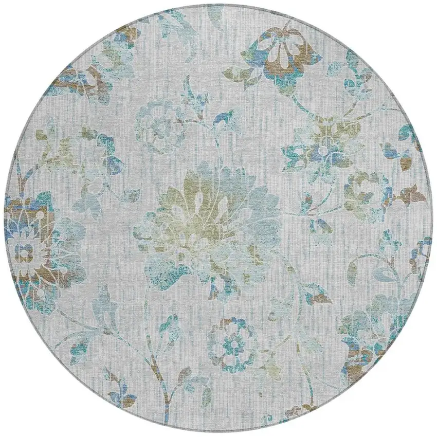 8' Silver And Gray Round Floral Washable Indoor Outdoor Area Rug Photo 3