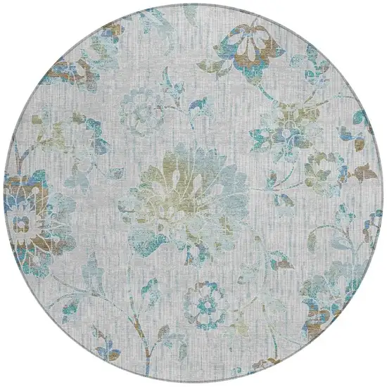 8' Silver And Gray Round Floral Washable Indoor Outdoor Area Rug Photo 3