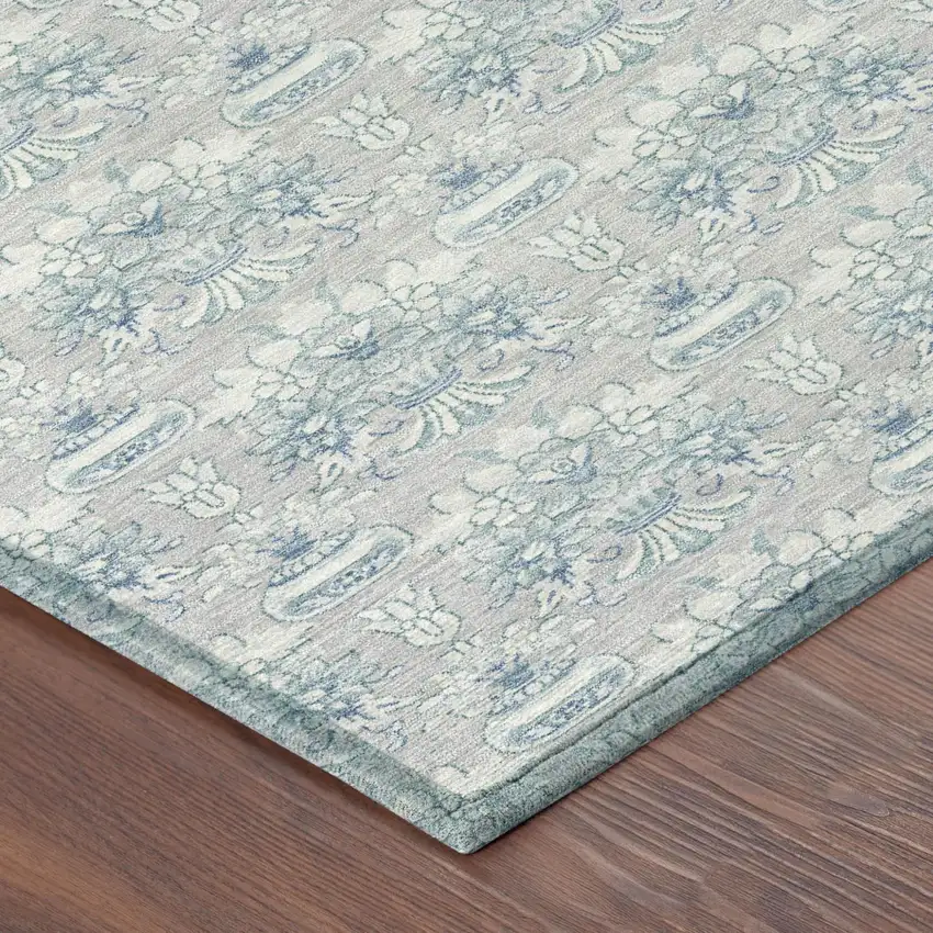 8' Silver And Gray Round Floral Washable Indoor Outdoor Area Rug Photo 6