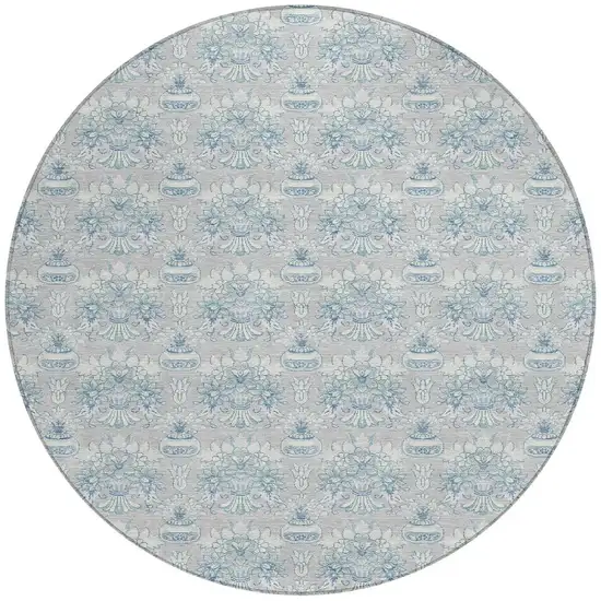 8' Silver And Gray Round Floral Washable Indoor Outdoor Area Rug Photo 3