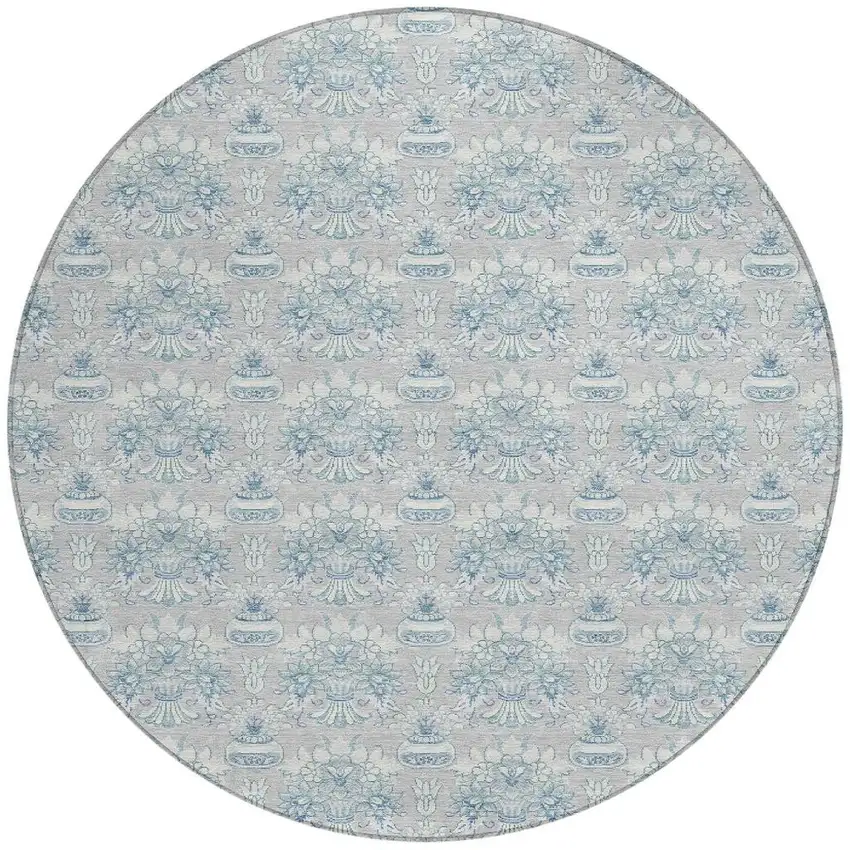 8' Silver And Gray Round Floral Washable Indoor Outdoor Area Rug Photo 3