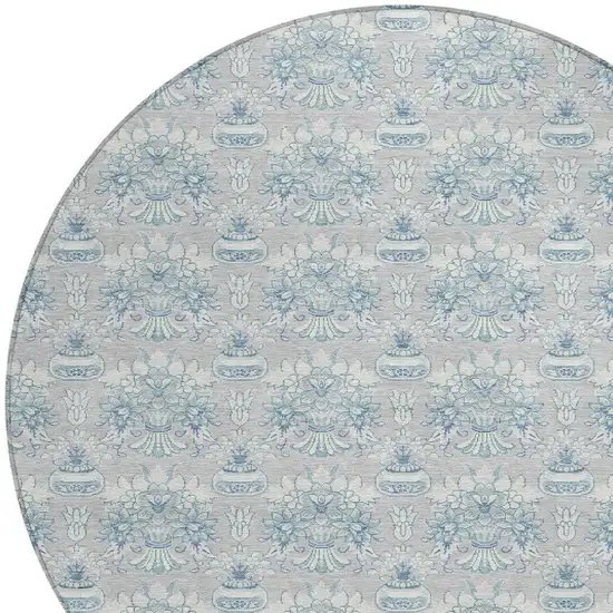 8' Silver And Gray Round Floral Washable Indoor Outdoor Area Rug Photo 5
