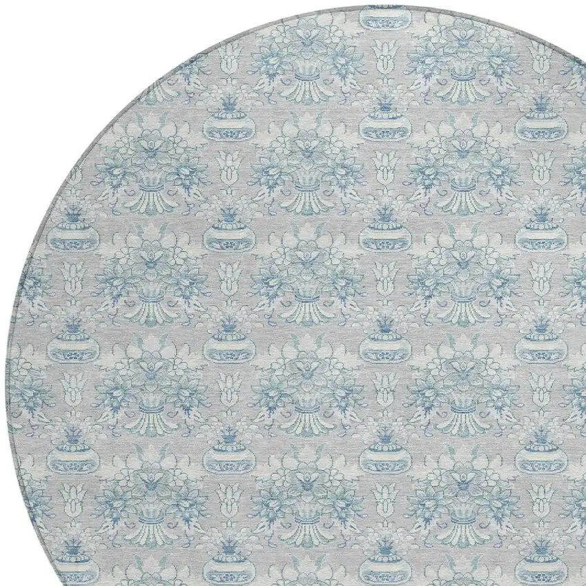 8' Silver And Gray Round Floral Washable Indoor Outdoor Area Rug Photo 5