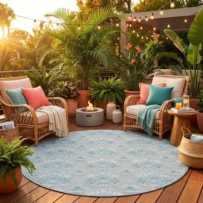 8' Silver And Gray Round Floral Washable Indoor Outdoor Area Rug Photo 1