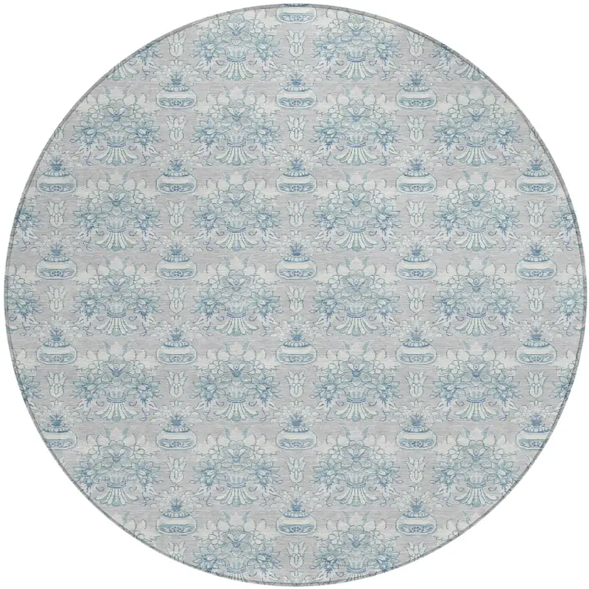 8' Silver And Gray Round Floral Washable Indoor Outdoor Area Rug Photo 2