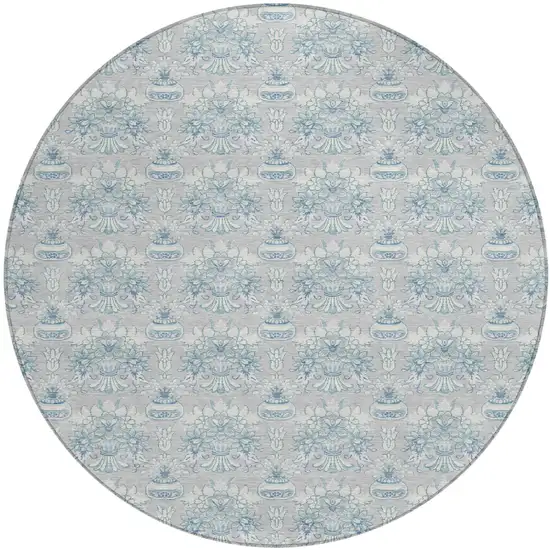 8' Silver And Gray Round Floral Washable Indoor Outdoor Area Rug Photo 2