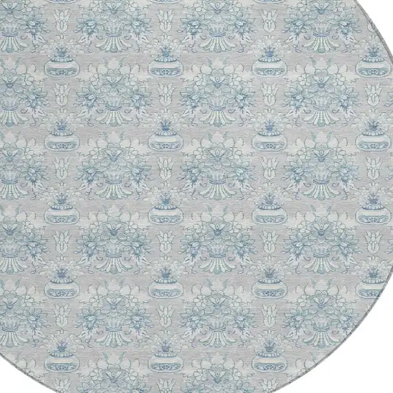 8' Silver And Gray Round Floral Washable Indoor Outdoor Area Rug Photo 4