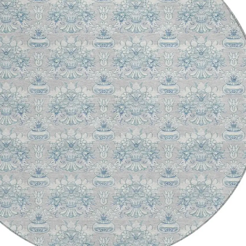 8' Silver And Gray Round Floral Washable Indoor Outdoor Area Rug Photo 4