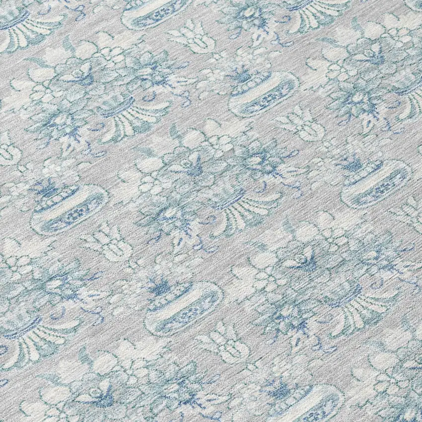 8' Silver And Gray Round Floral Washable Indoor Outdoor Area Rug Photo 7