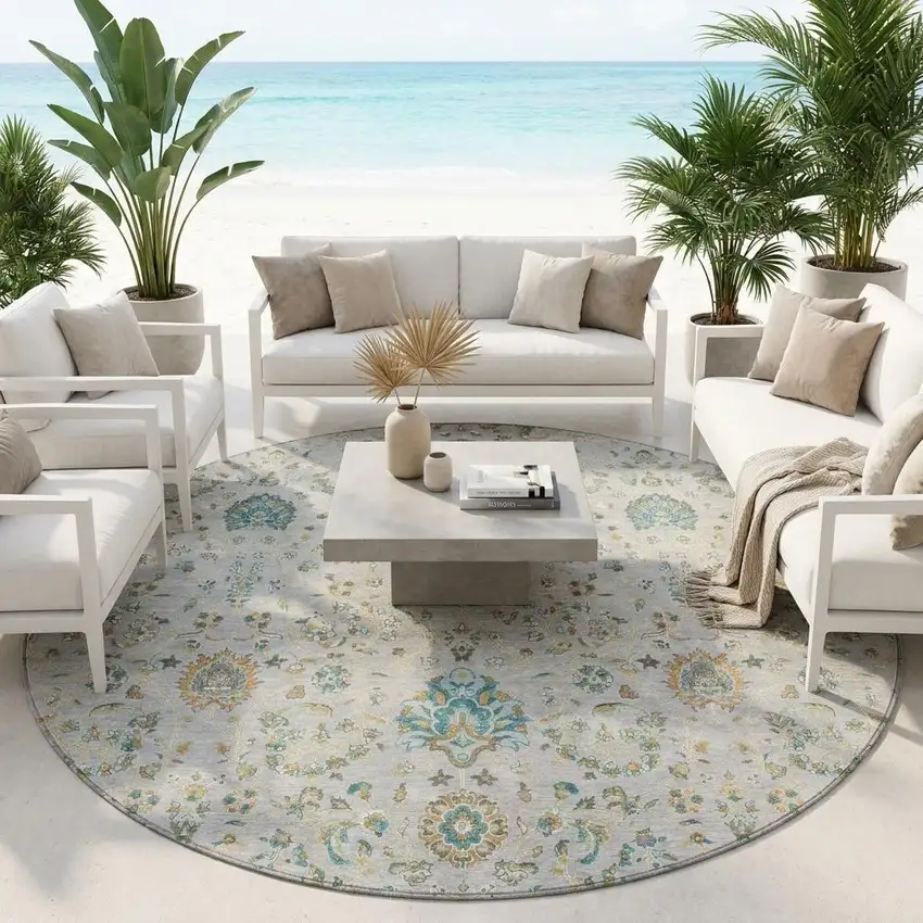 8' Silver And Gray Round Floral Washable Indoor Outdoor Area Rug Photo 1