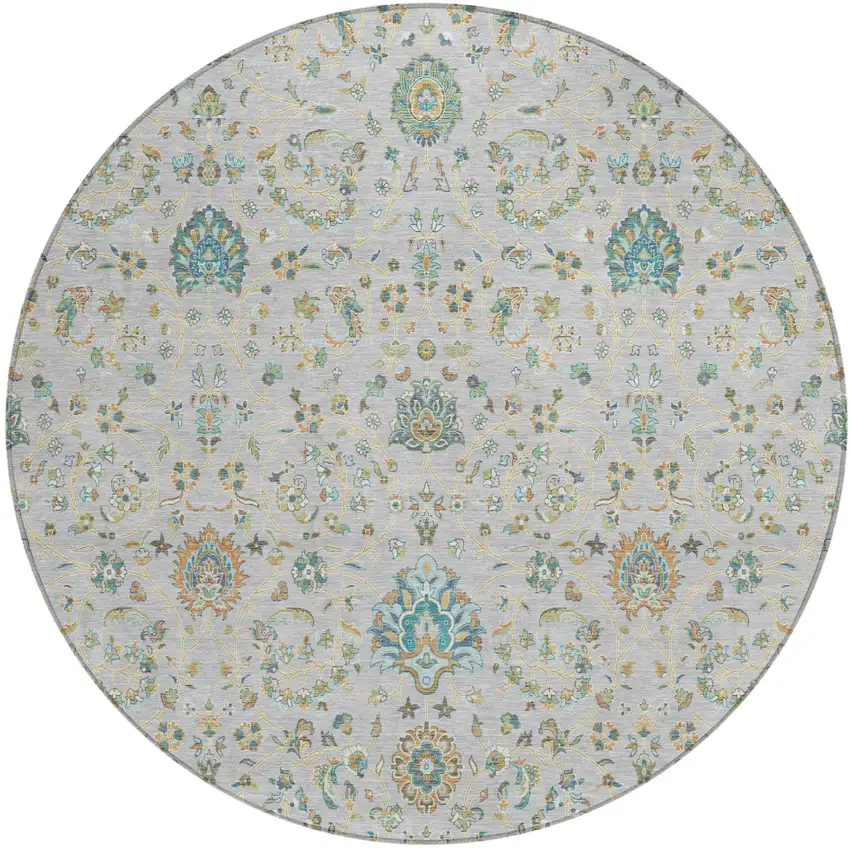 8' Silver And Gray Round Floral Washable Indoor Outdoor Area Rug Photo 2