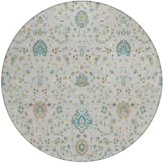 8' Silver And Gray Round Floral Washable Indoor Outdoor Area Rug Photo 2