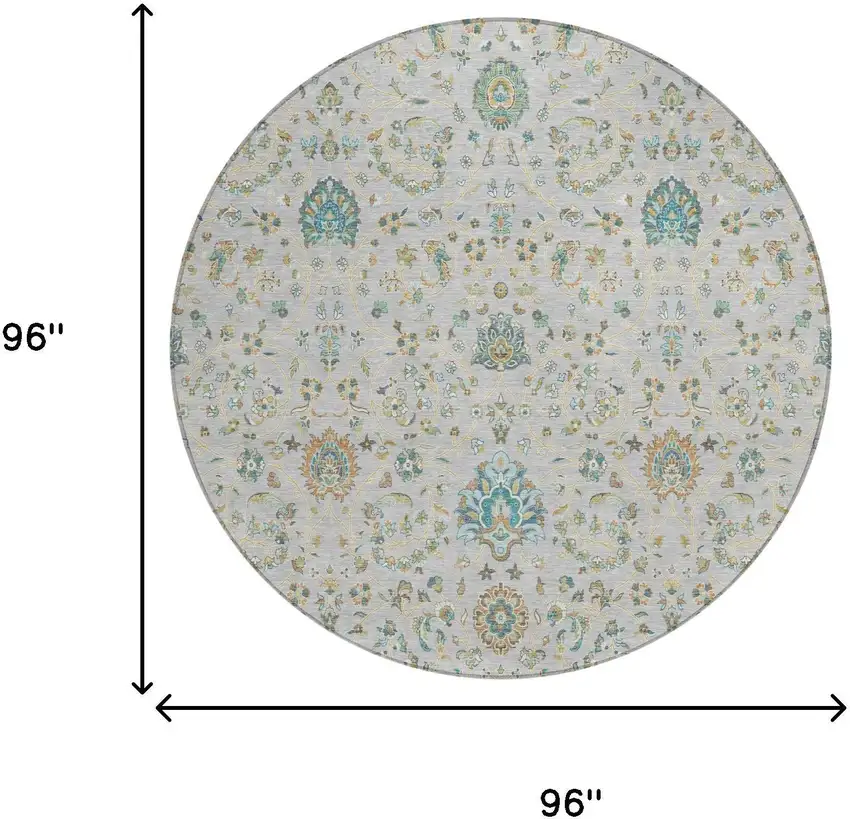 8' Silver And Gray Round Floral Washable Indoor Outdoor Area Rug Photo 5