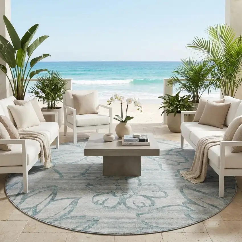 8' Silver And Gray Round Floral Washable Indoor Outdoor Area Rug Photo 1