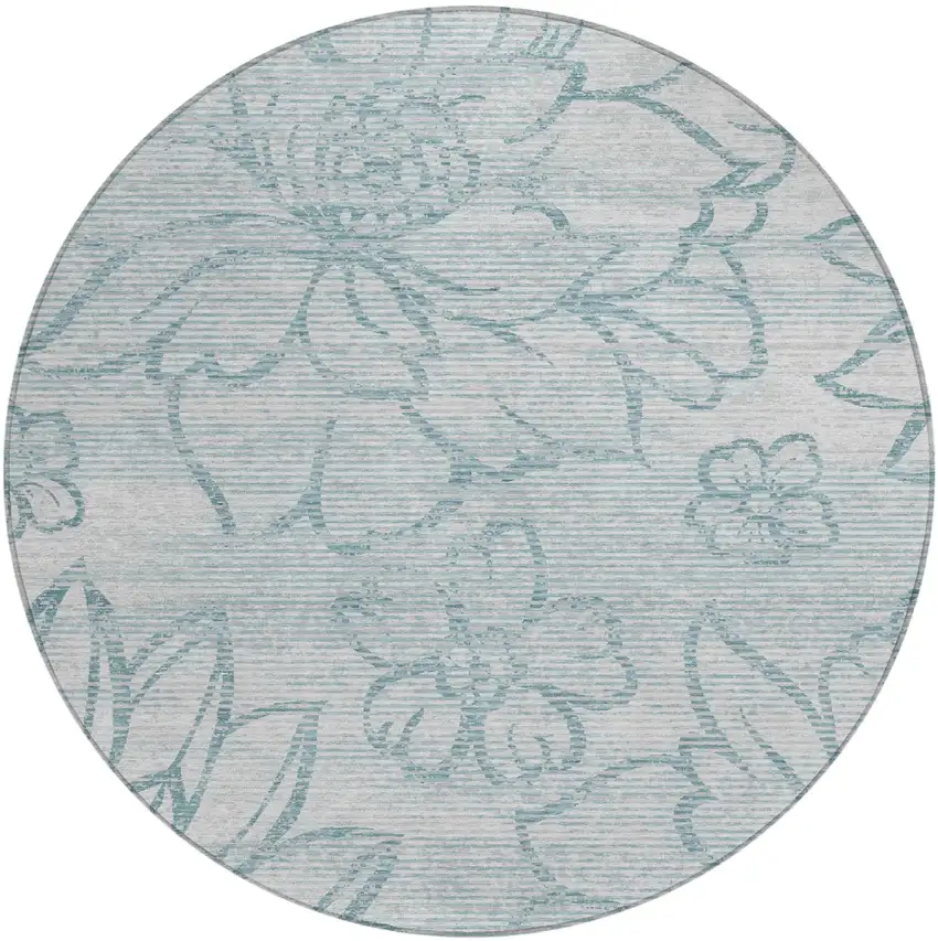 8' Silver And Gray Round Floral Washable Indoor Outdoor Area Rug Photo 2