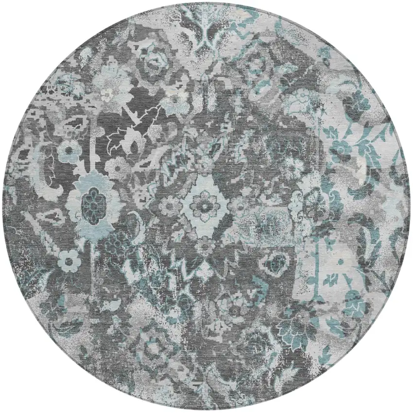 8' Silver And Gray Round Floral Washable Indoor Outdoor Area Rug Photo 2