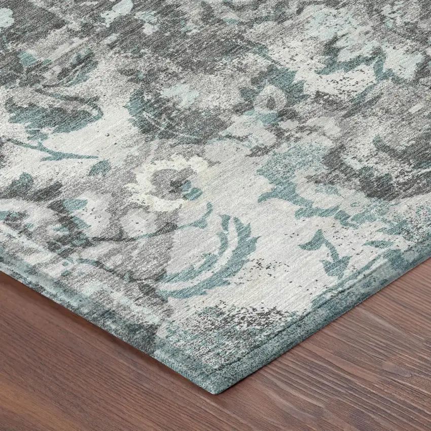 8' Silver And Gray Round Floral Washable Indoor Outdoor Area Rug Photo 3