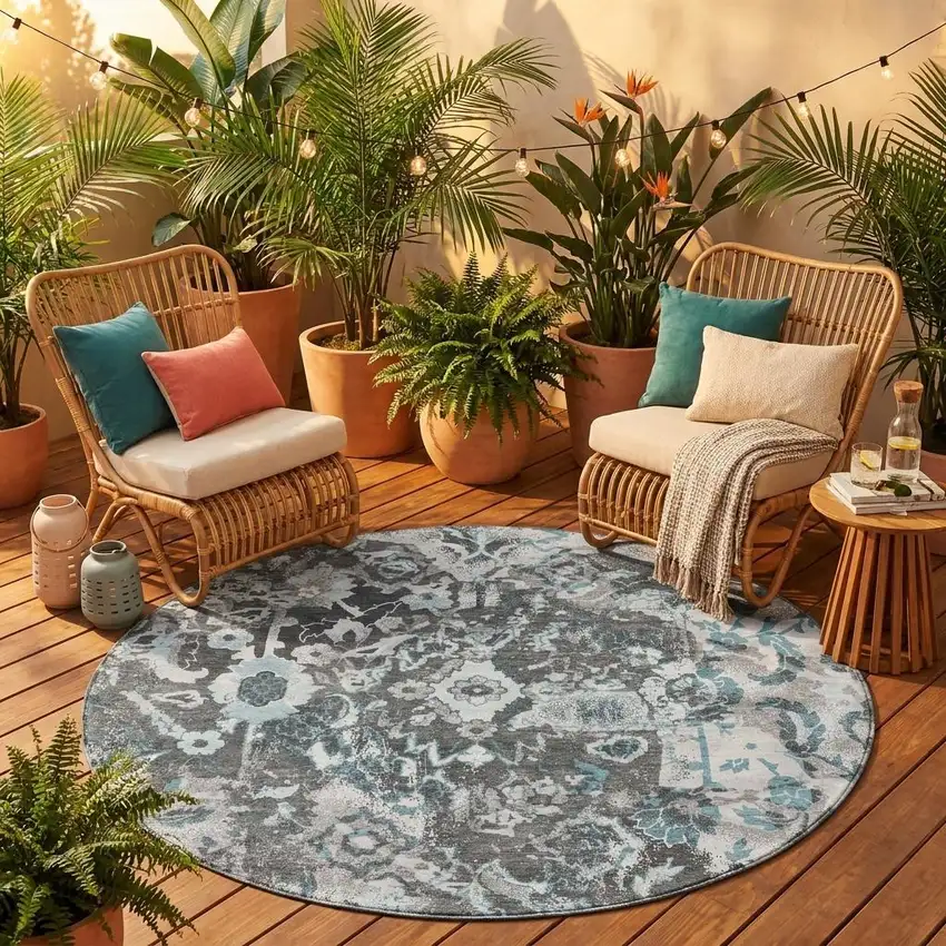 8' Silver And Gray Round Floral Washable Indoor Outdoor Area Rug Photo 1