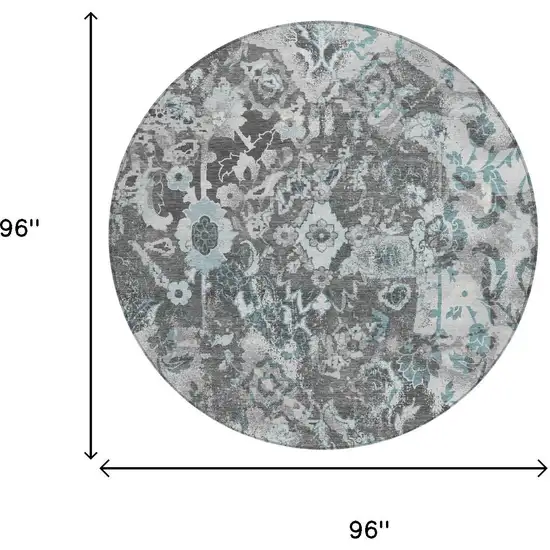 8' Silver And Gray Round Floral Washable Indoor Outdoor Area Rug Photo 5
