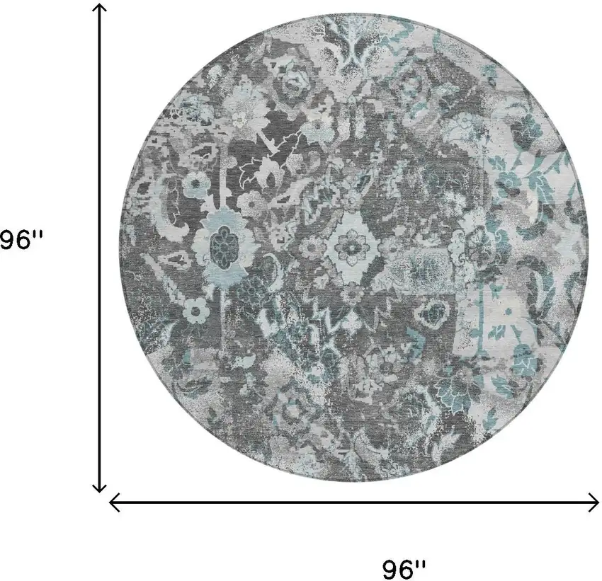 8' Silver And Gray Round Floral Washable Indoor Outdoor Area Rug Photo 5