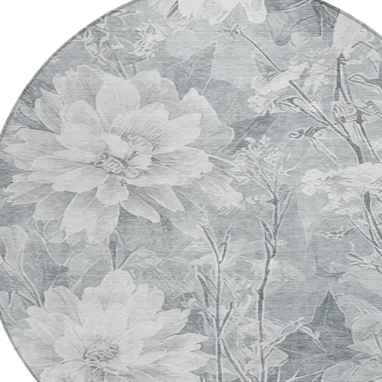 8' Silver And Gray Round Floral Washable Indoor Outdoor Area Rug Photo 7