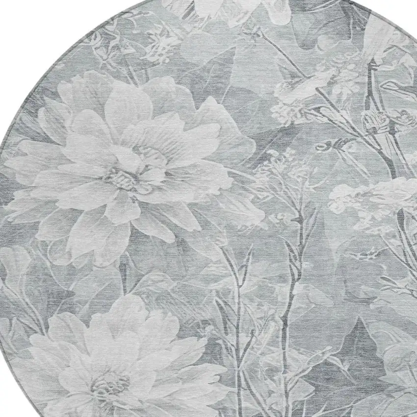 8' Silver And Gray Round Floral Washable Indoor Outdoor Area Rug Photo 7
