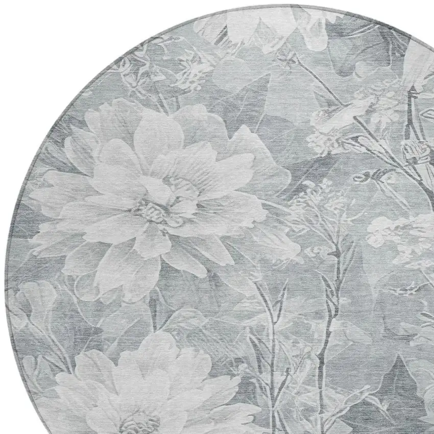 8' Silver And Gray Round Floral Washable Indoor Outdoor Area Rug Photo 4