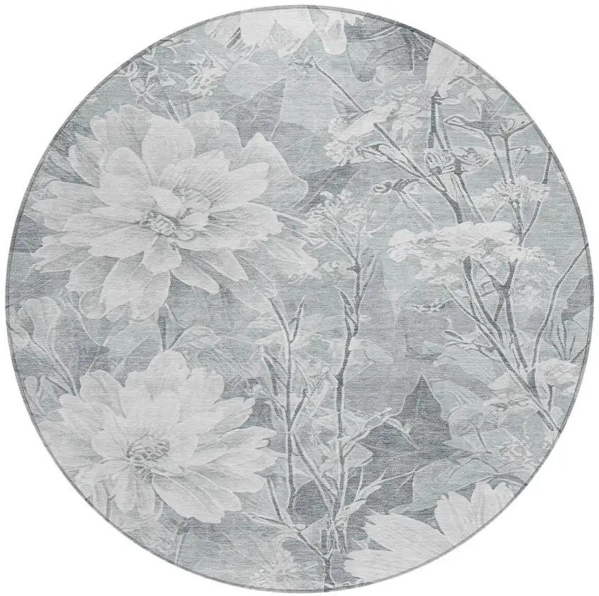 8' Silver And Gray Round Floral Washable Indoor Outdoor Area Rug Photo 1