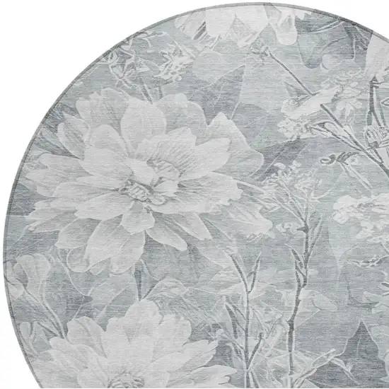 8' Silver And Gray Round Floral Washable Indoor Outdoor Area Rug Photo 9