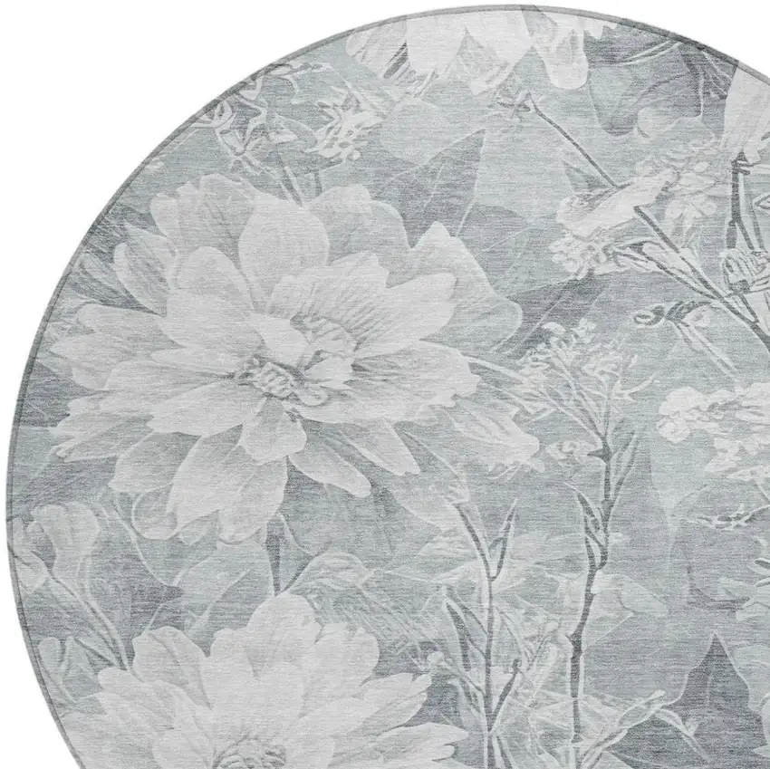 8' Silver And Gray Round Floral Washable Indoor Outdoor Area Rug Photo 9