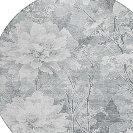 8' Silver And Gray Round Floral Washable Indoor Outdoor Area Rug Photo 5