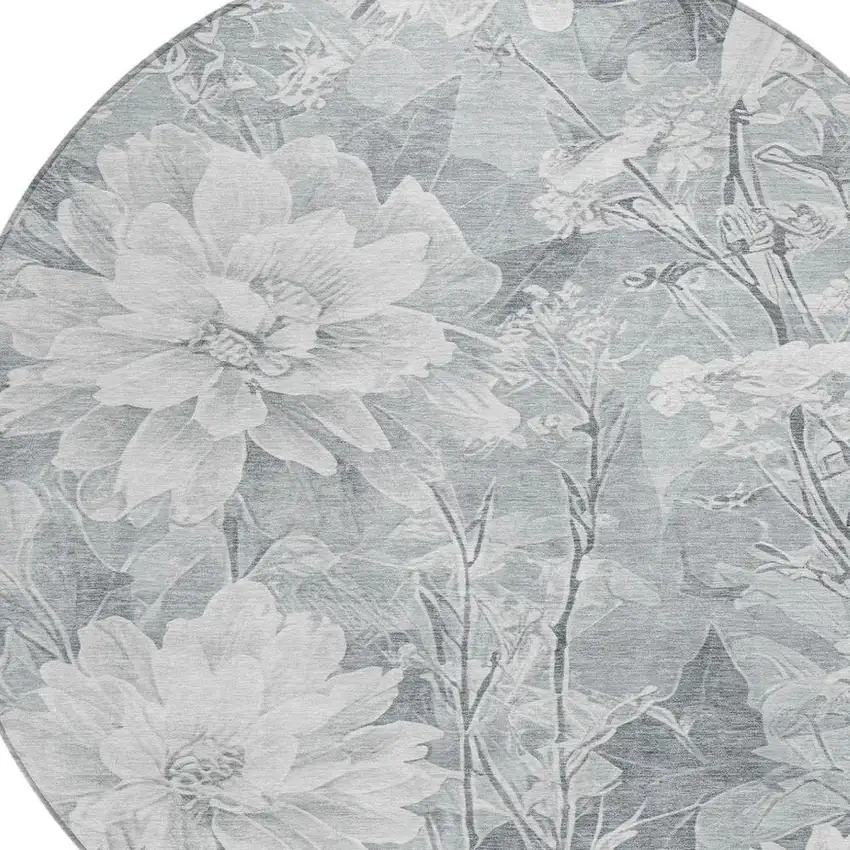 8' Silver And Gray Round Floral Washable Indoor Outdoor Area Rug Photo 5