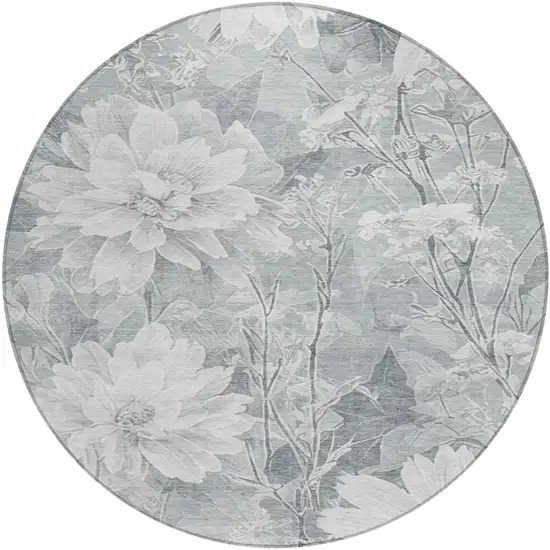 8' Silver And Gray Round Floral Washable Indoor Outdoor Area Rug Photo 3
