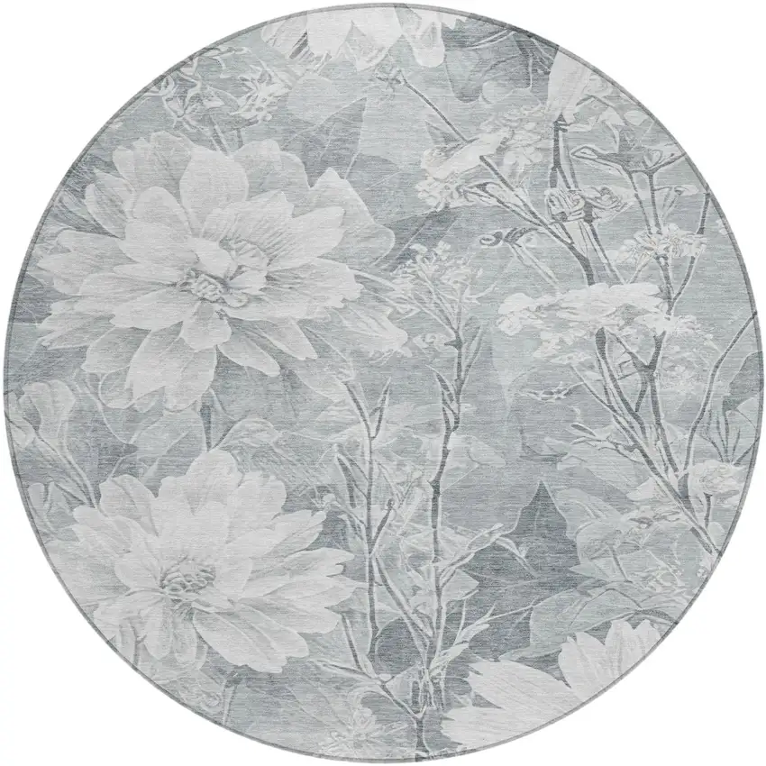 8' Silver And Gray Round Floral Washable Indoor Outdoor Area Rug Photo 3