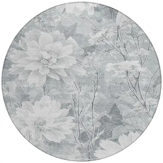 8' Silver And Gray Round Floral Washable Indoor Outdoor Area Rug Photo 2