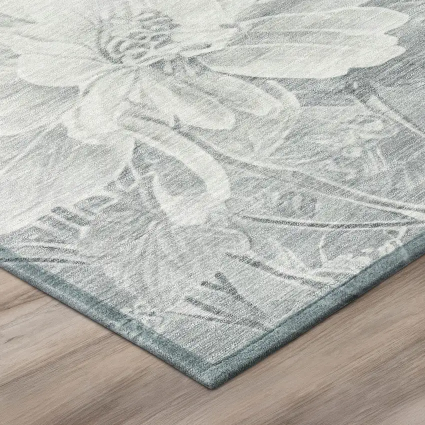 8' Silver And Gray Round Floral Washable Indoor Outdoor Area Rug Photo 8