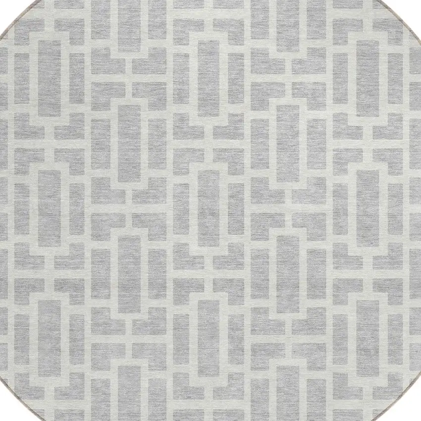 8' Silver And Gray Round Geometric Washable Indoor Outdoor Area Rug Photo 4