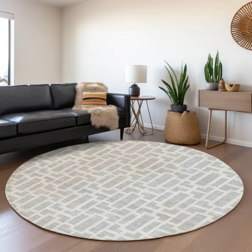 8' Silver And Gray Round Geometric Washable Indoor Outdoor Area Rug Photo 7