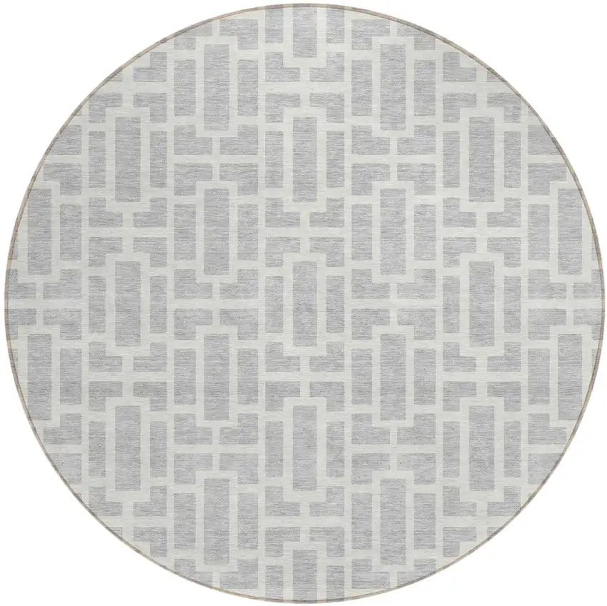 8' Silver And Gray Round Geometric Washable Indoor Outdoor Area Rug Photo 2