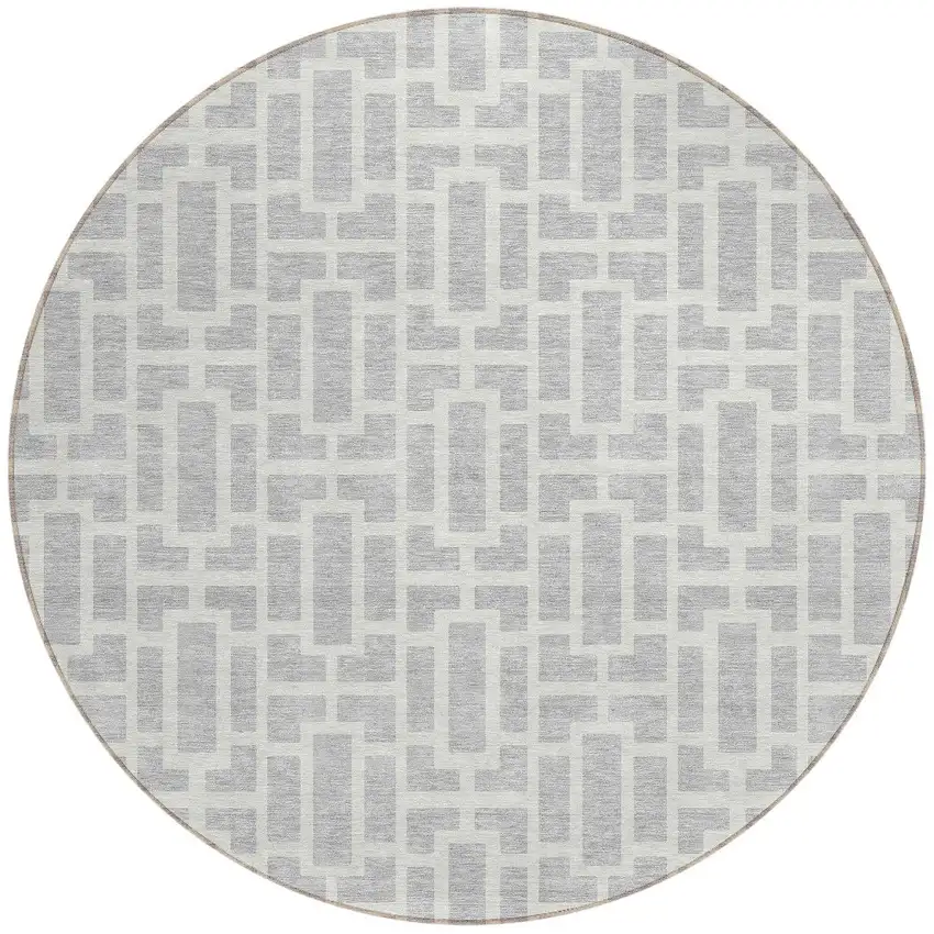 8' Silver And Gray Round Geometric Washable Indoor Outdoor Area Rug Photo 5