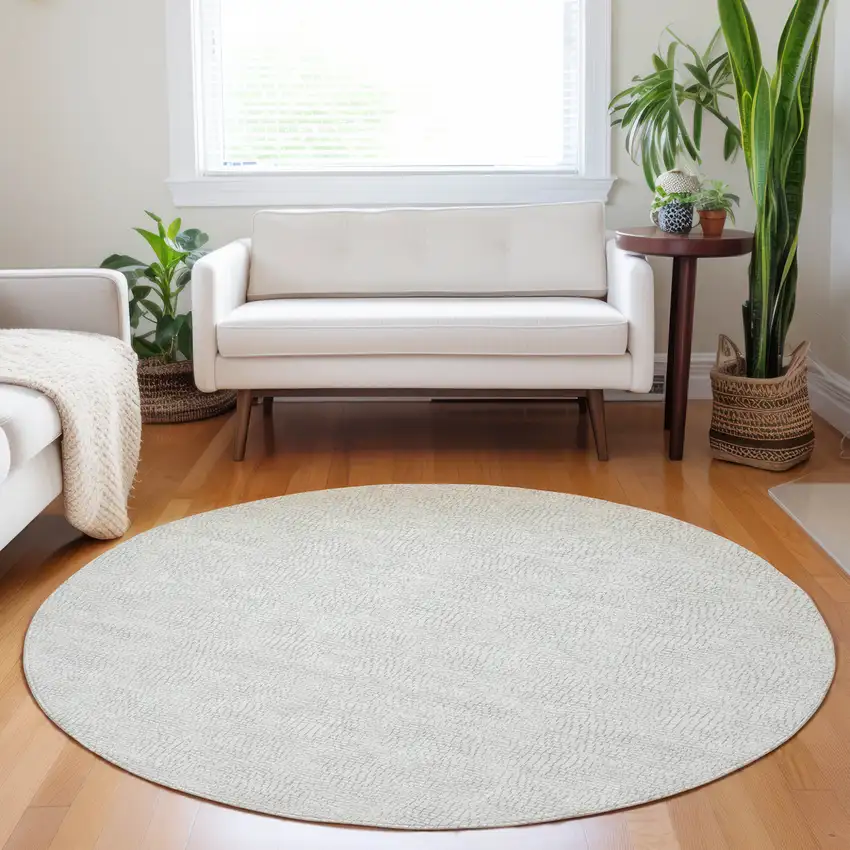 8' Silver And Gray Round Geometric Washable Indoor Outdoor Area Rug Photo 8