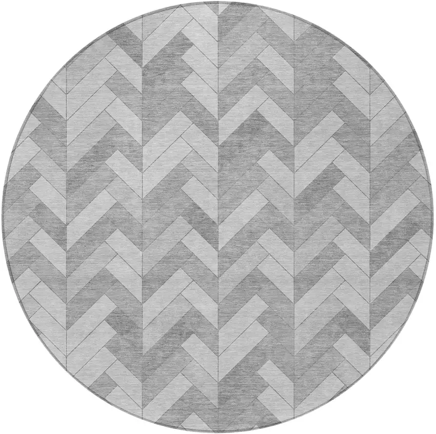8' Silver And Gray Round Geometric Washable Indoor Outdoor Area Rug Photo 4