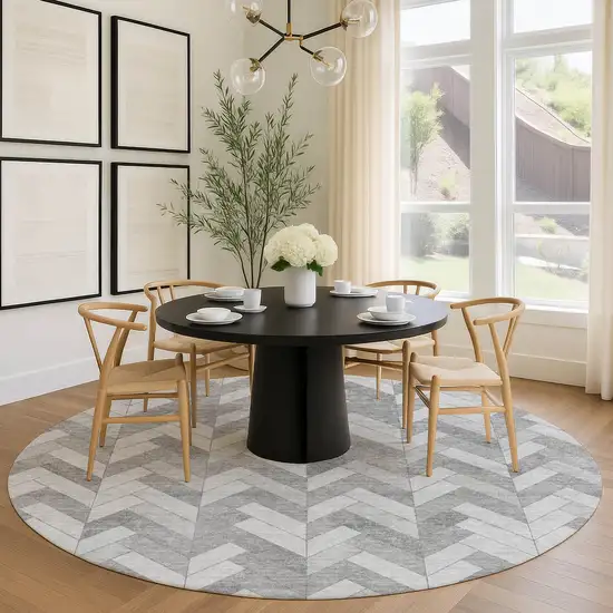 8' Silver And Gray Round Geometric Washable Indoor Outdoor Area Rug Photo 8
